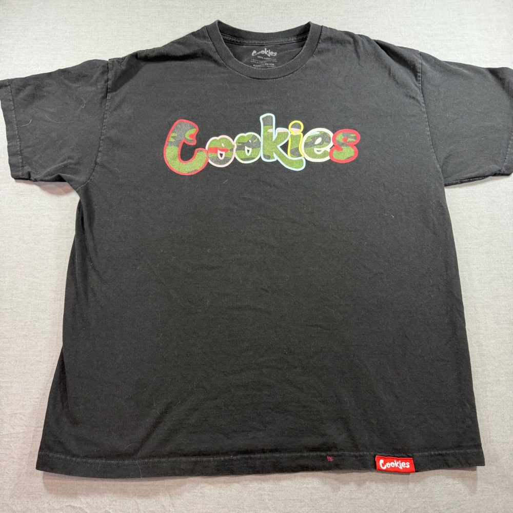 Cookies Logo T-Shirt Mens XL Black Good Camo Print Streetwear Tee Graphic